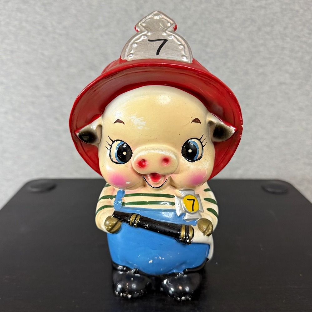 Ceramic Firefighter Pig Coin Bank Red Helmet "7" Blue Overalls